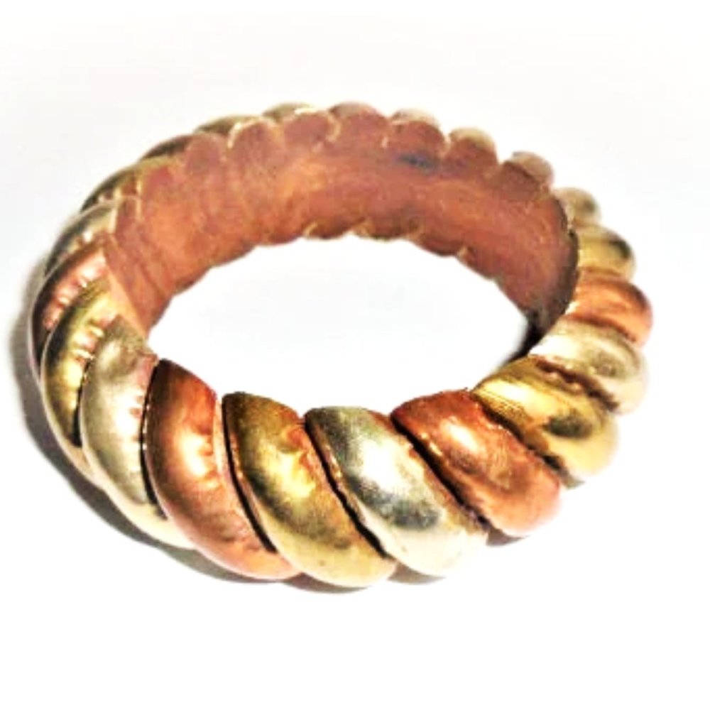 This is a Lovely Vintage Wooden Bracelet, Layered with Brass, Silver, & Copper.